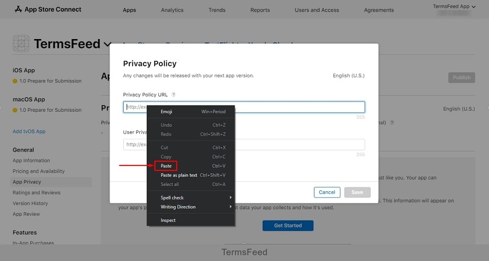 TermsFeed Apple App Store Connect: App menu - Open Edit window with empty field for adding a Privacy Policy URL and paste option highlighted