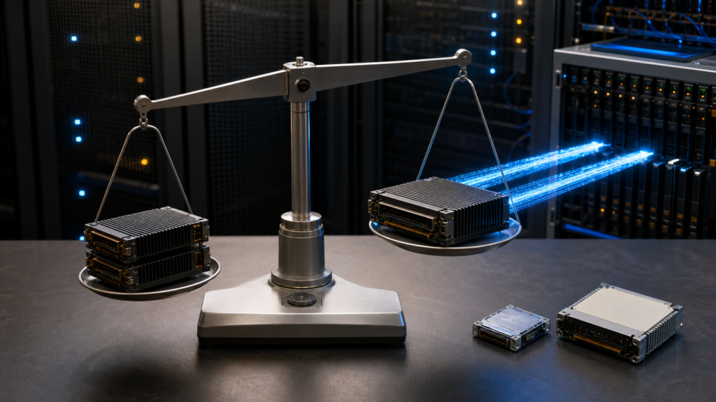 Precision balance weighing two compute modules against one high-speed module in a data centre, illustrating GPT-5.6’s price-versus-speed tradeoff.