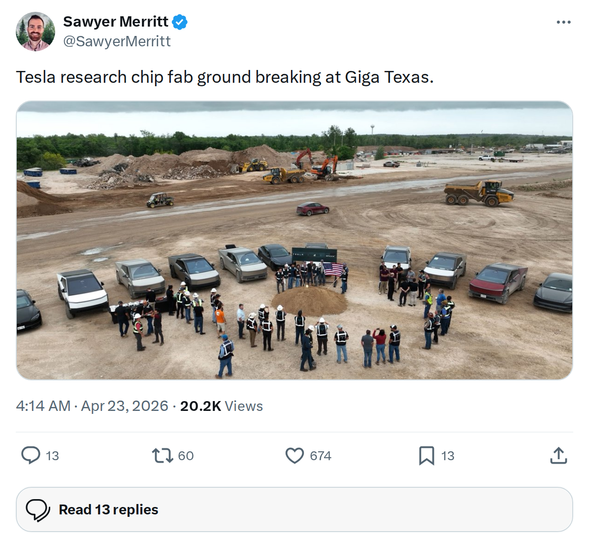 Sawyer Merritt tweet showing Tesla Terafab chip fab groundbreaking at Giga Texas